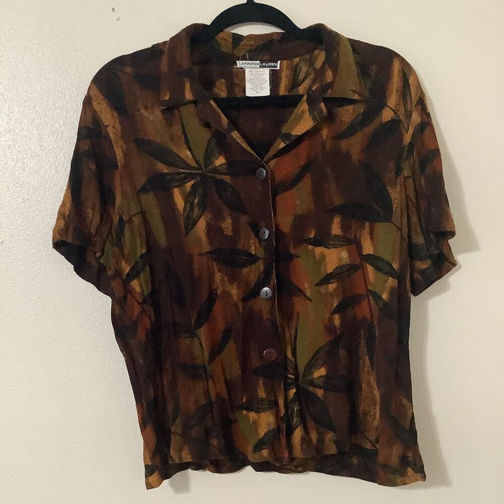 Women's Button Down Shirt - Brown Leaf Pattern